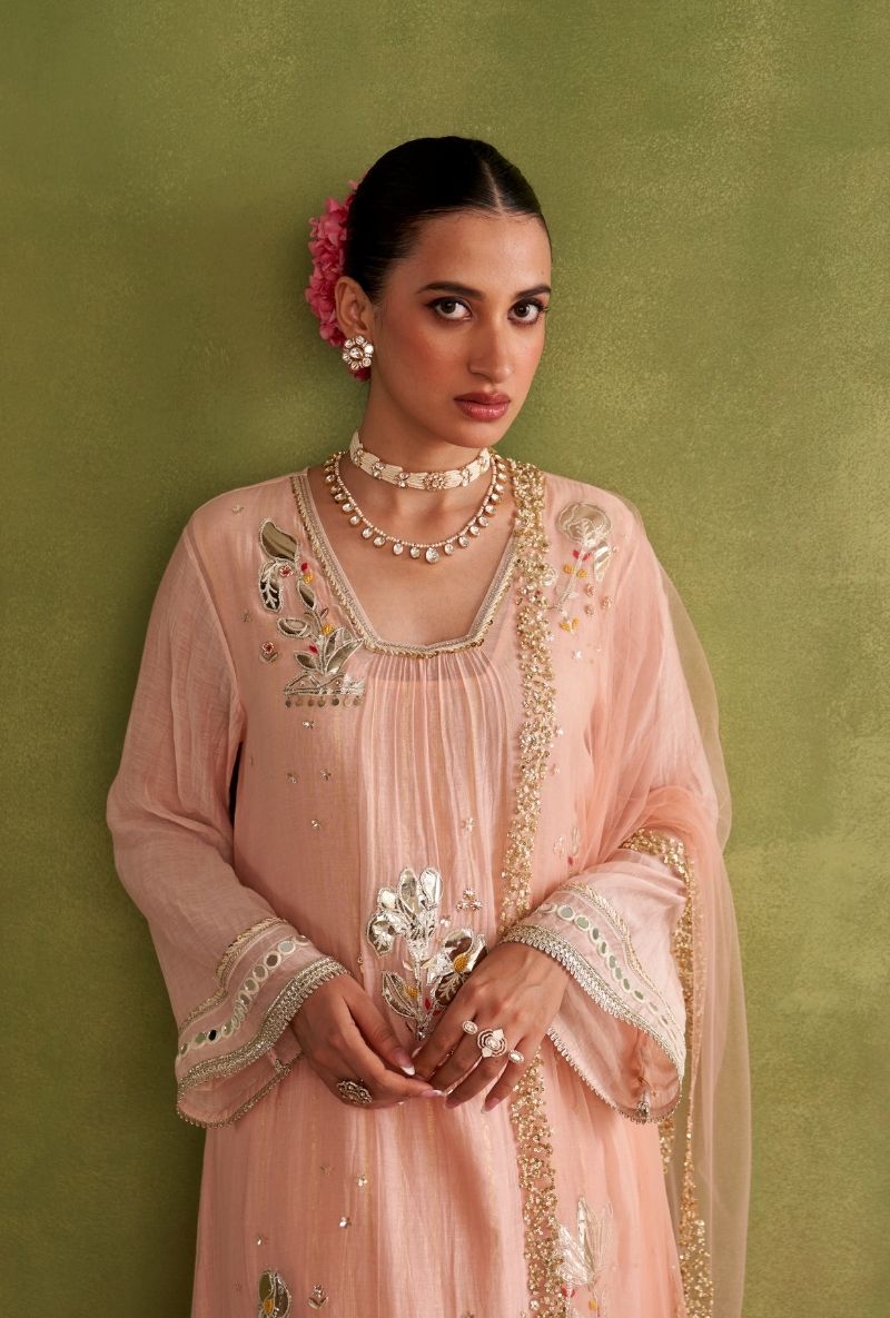 Baby Pink Silver Patchwork Morbagh Kurta Set