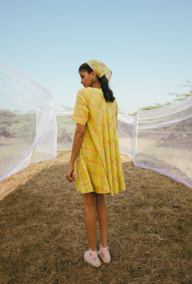 Yellow Colourful Checkered Short Barfi Dress