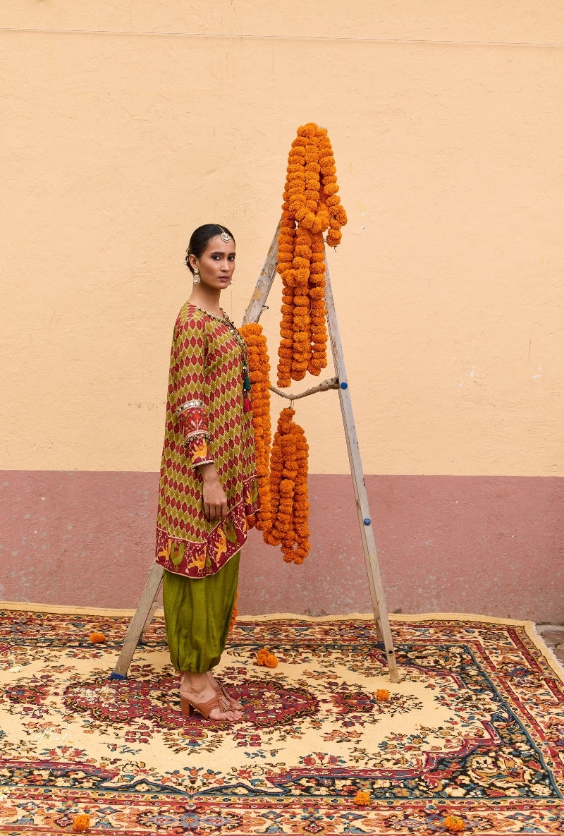 Green Ikat Asymmetric Oorja Kurta Set