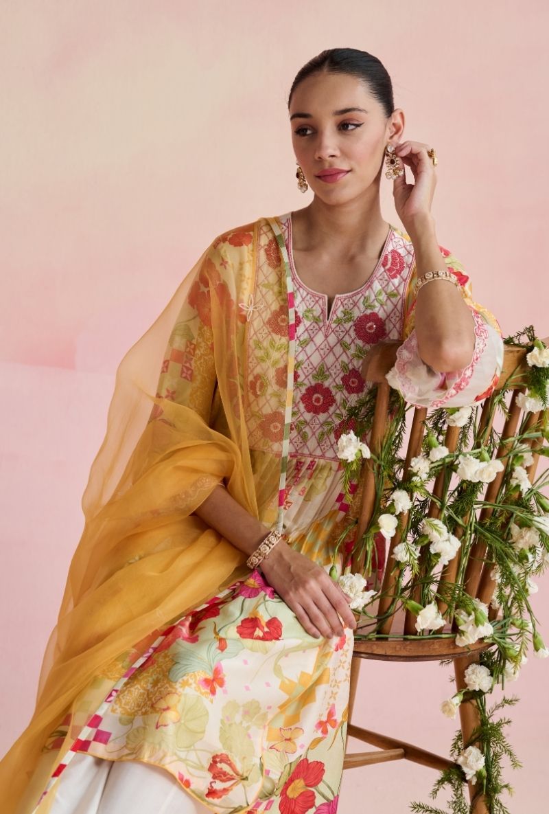 Multi Color Jaal Embroidered Yoke Amara Kurta Set
