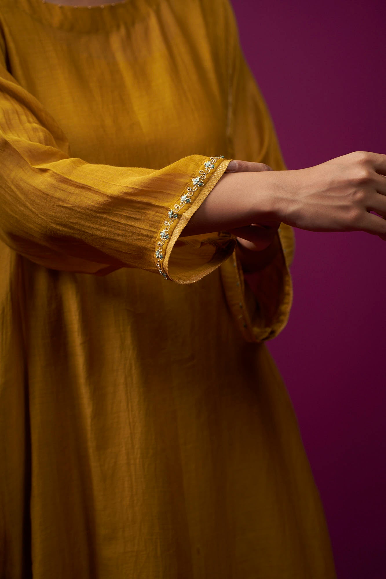Yellow Hand Embroidered Raas Kaftan Set