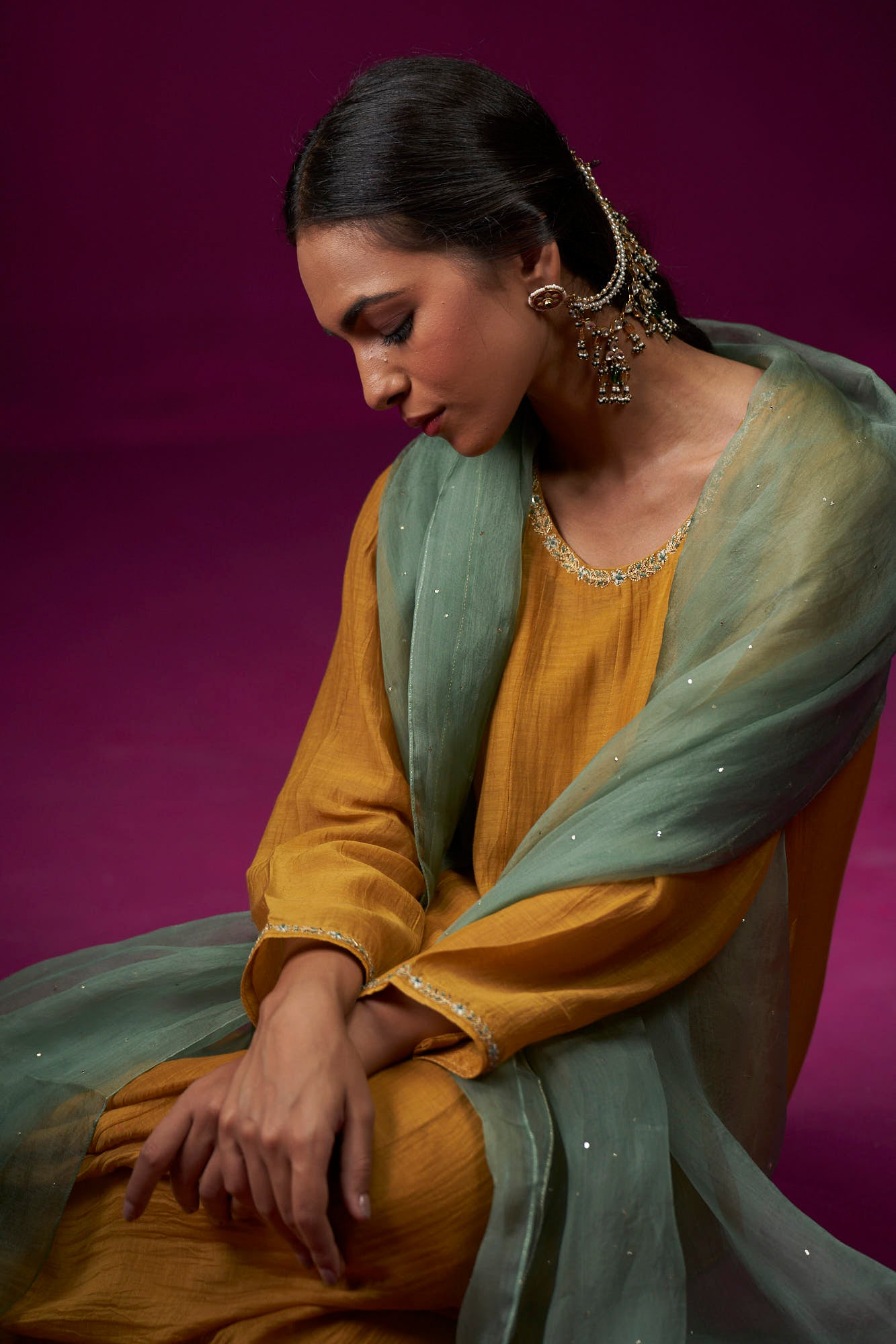 Mustard Yellow Hand Embroidered Raas Anarkali Set