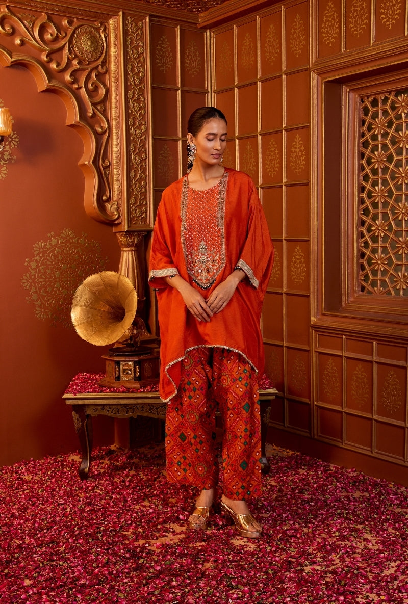 Orange Embroidered Yoke Asymmetric Oorja Kurta Set