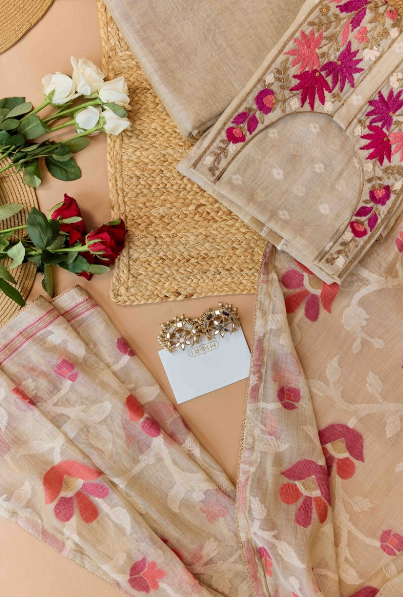 Thread and Zari Embroidered Yoke Unstitched Suit Set
