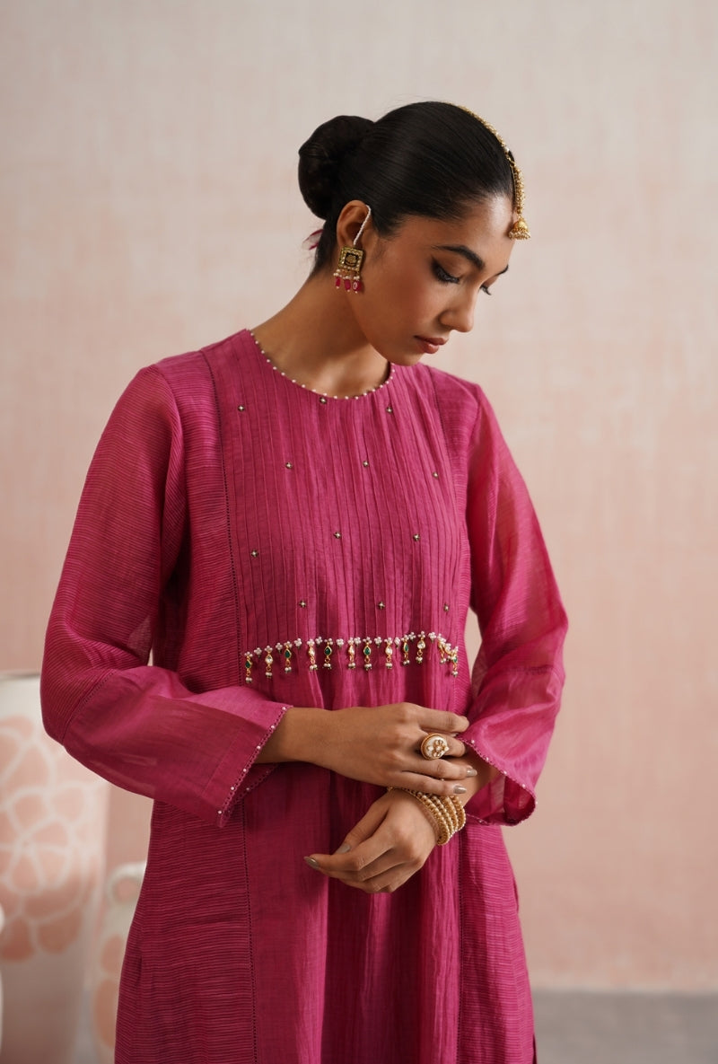 Fuschia Pink Pearl and Jewels Embroidered Prisha Kurta Set