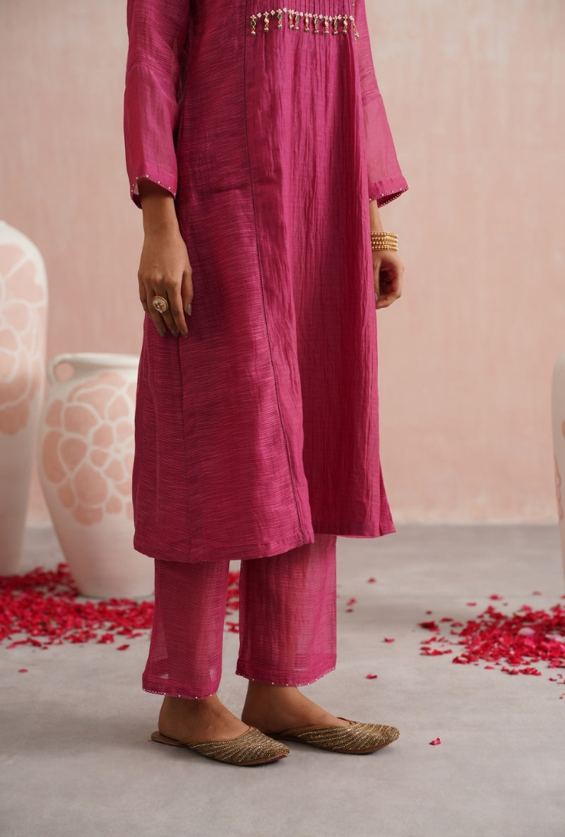 Fuschia Pink Pearl and Jewels Embroidered Prisha Kurta Set