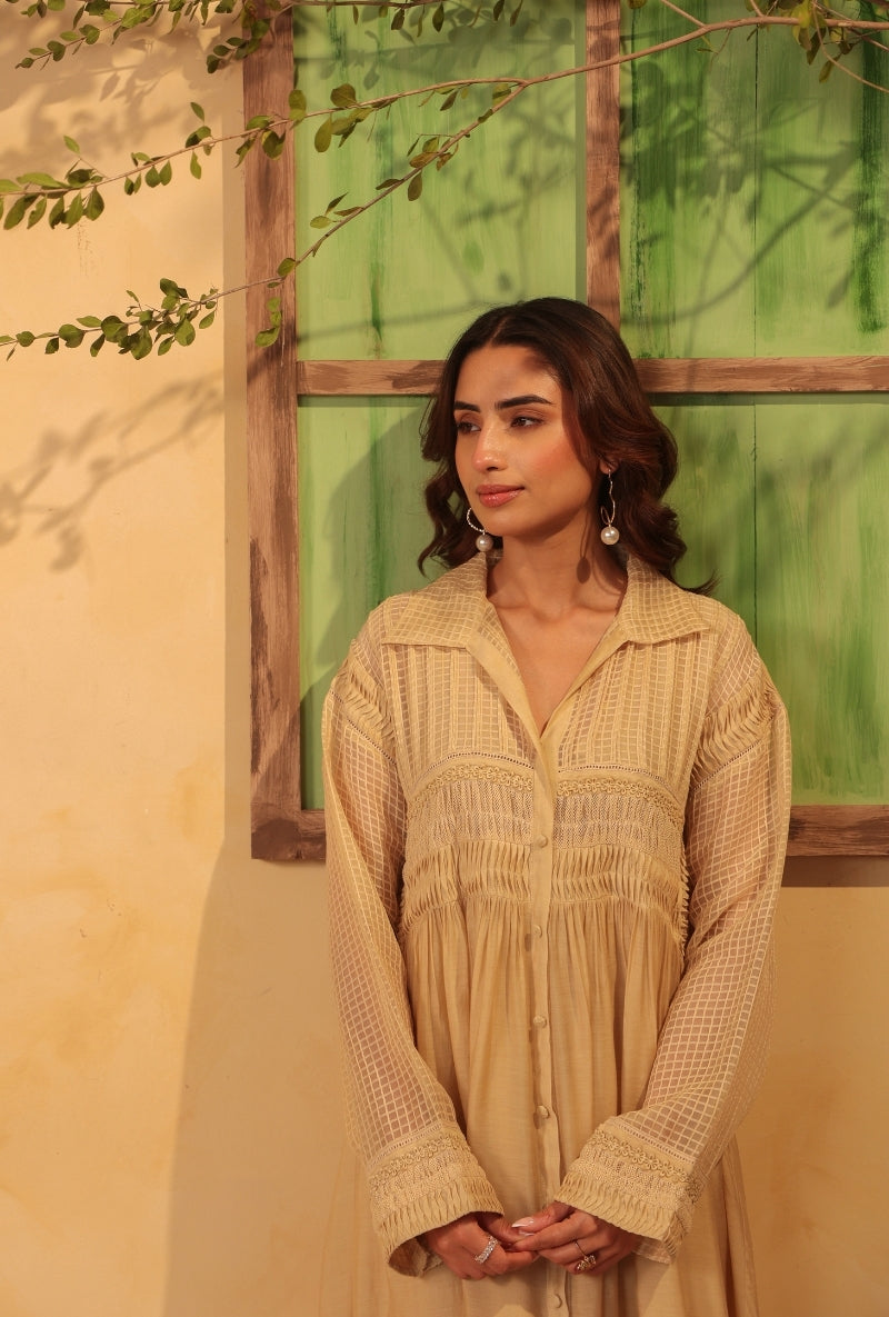 Beige Pintuck Collar Saaz Kurta Set