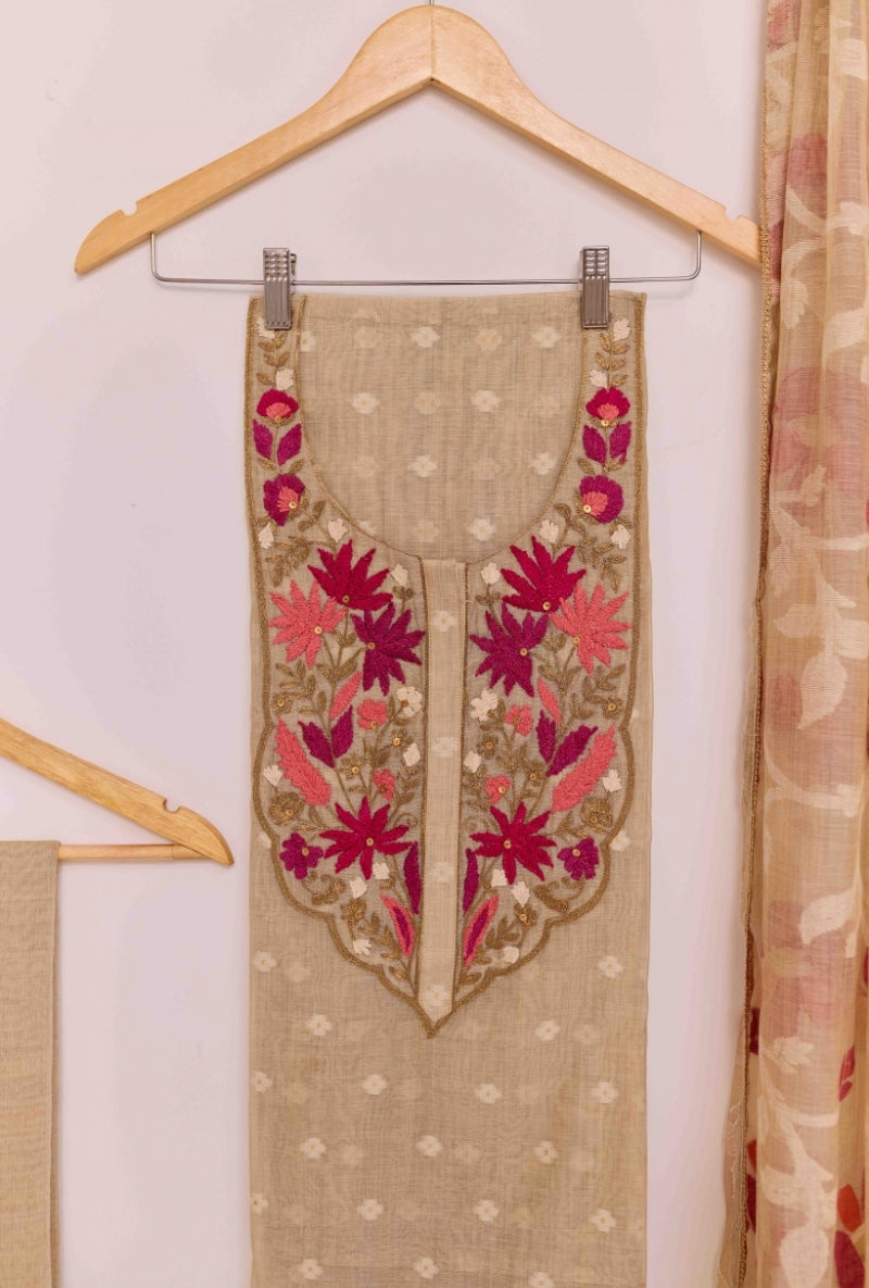 Thread and Zari Embroidered Yoke Unstitched Suit Set