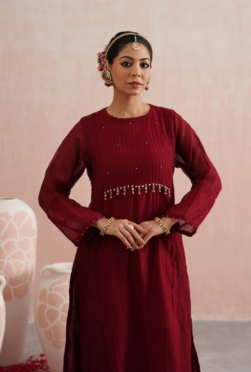 Maroon Pearl and Jewels Embroidered Prisha Kurta Set