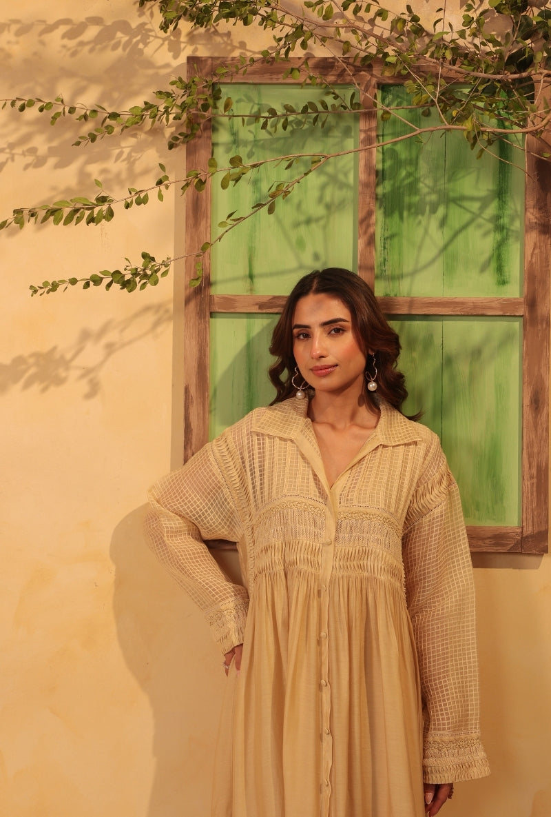 Beige Pintuck Collar Saaz Kurta Set