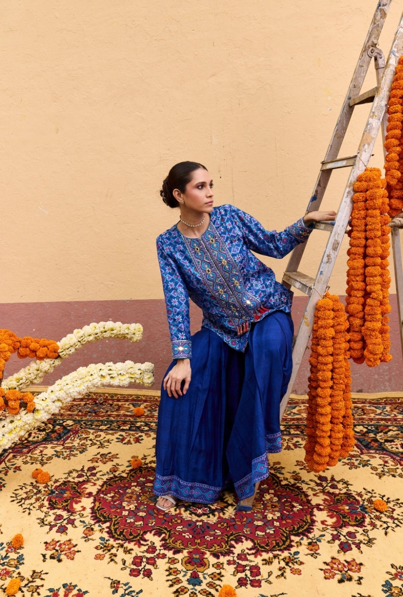 Blue Patola Embroidered Mirror And Zari  Work Oorja Jacket Set