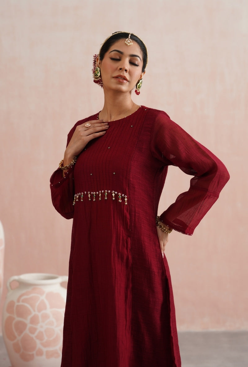 Maroon Pearl and Jewels Embroidered Prisha Kurta Set