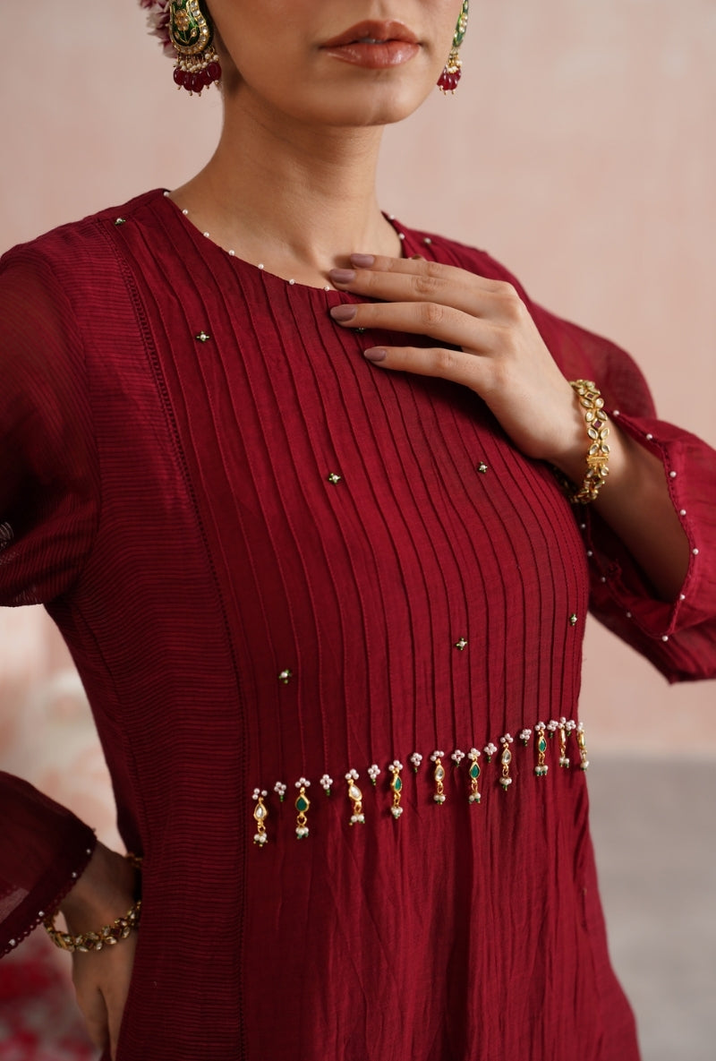 Maroon Pearl and Jewels Embroidered Prisha Kurta Set