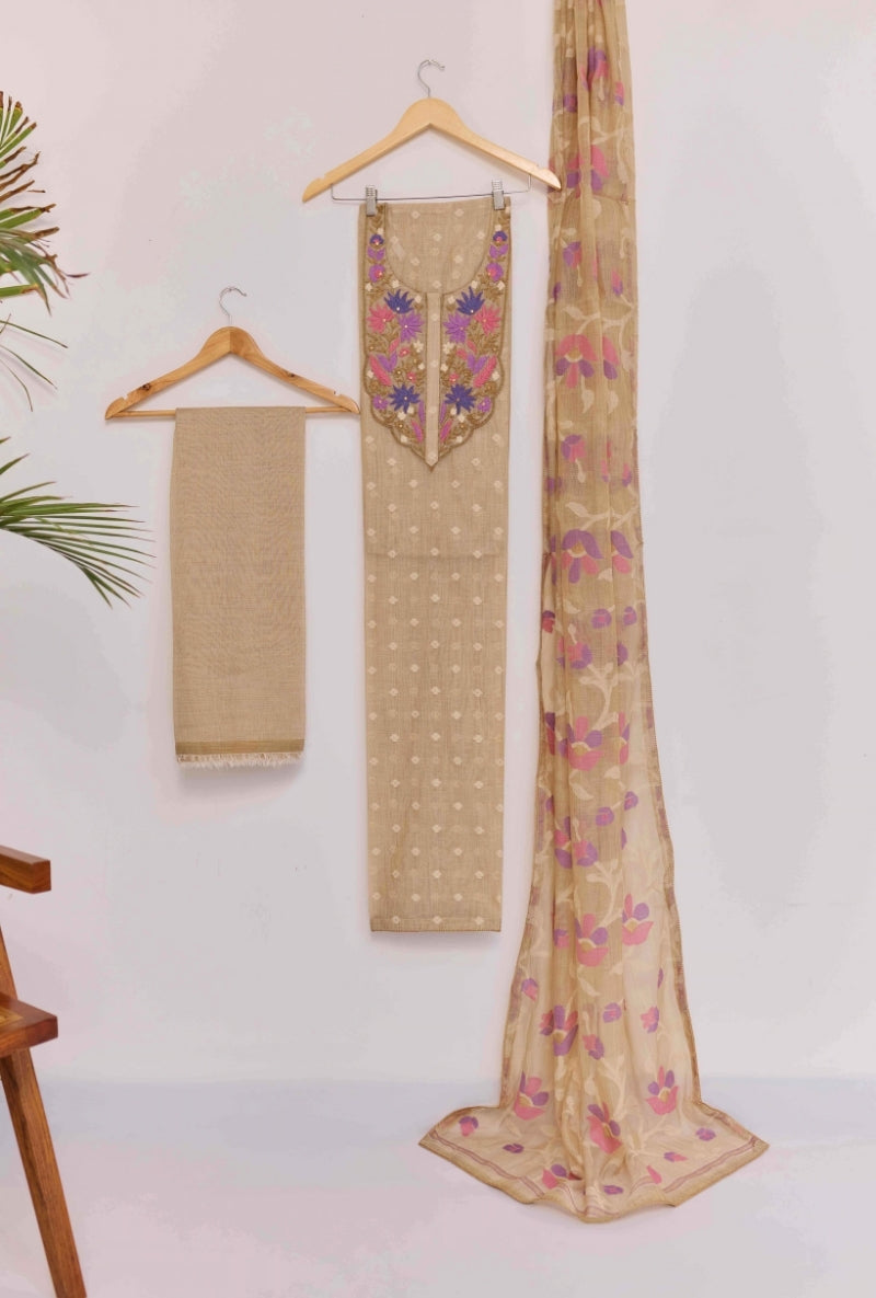 Thread and Zari Embroidered Yoke Unstitched Suit Set