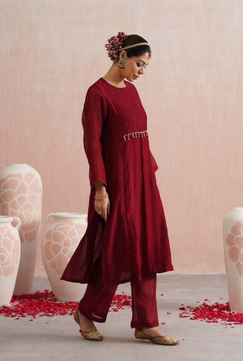 Maroon Pearl and Jewels Embroidered Prisha Kurta Set