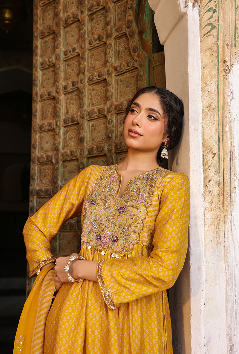 Mustard Printed Frockstyle Raag Kurta Set