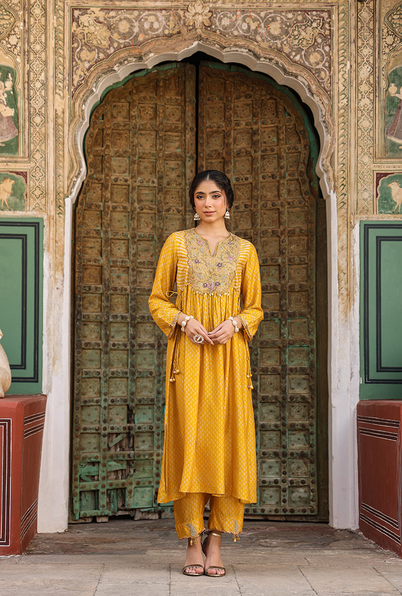 Mustard Printed Frockstyle Raag Kurta Set