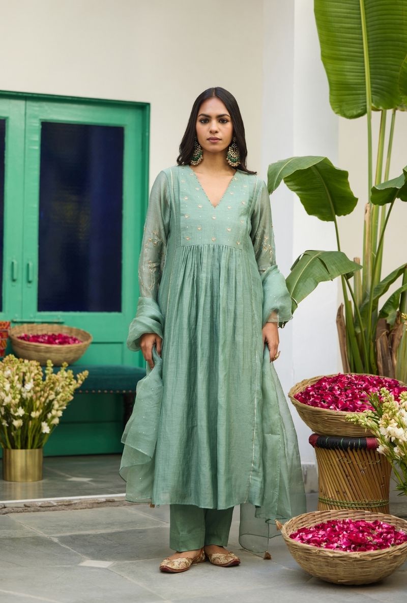 Sage Green Embroidered Front Gather Urvi Kurta Set