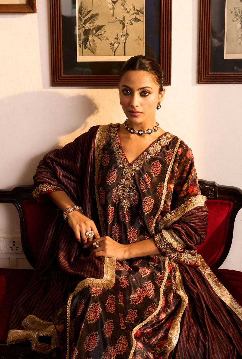 Charcoal Black Printed Panel Dilbar Kurta Set