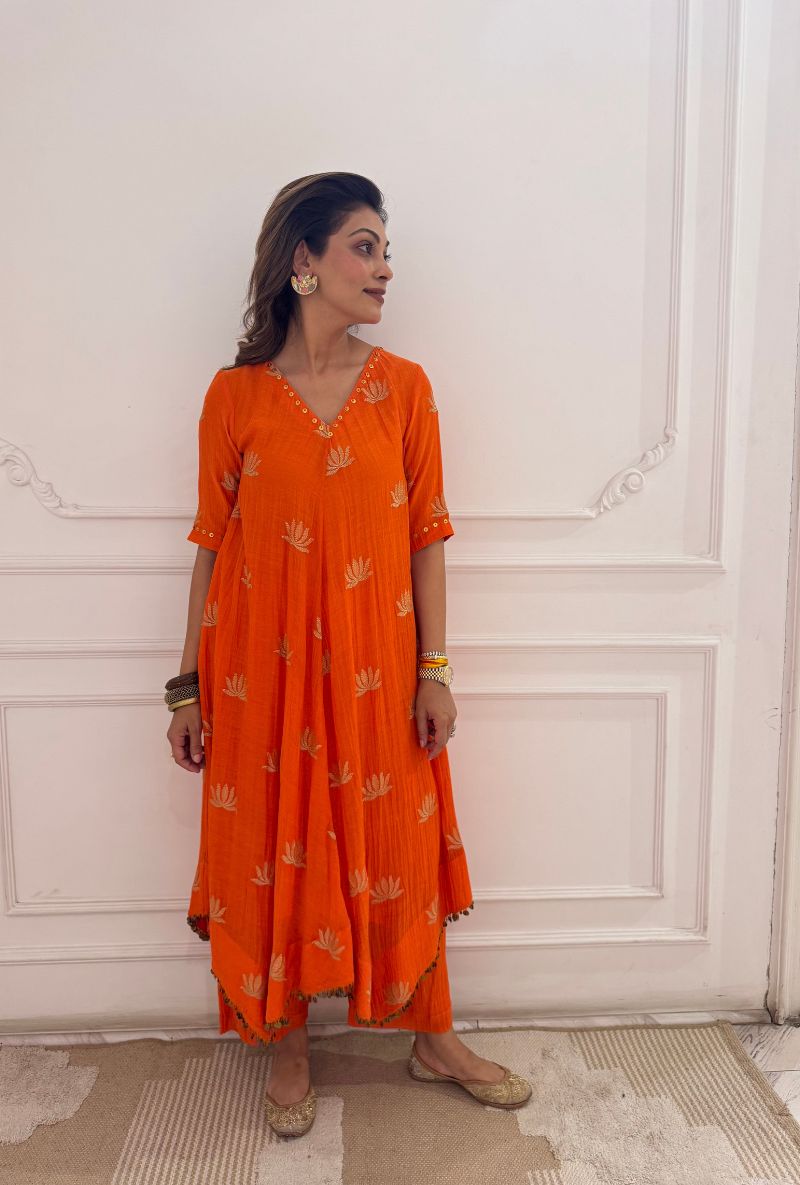 Meghna Nayyar in Orange Lotus Asymmetrical Kurta Set