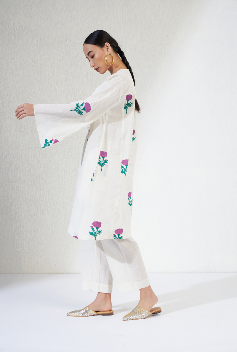 White Cotton Hand Block Print Tassel Veera Olivia Kurta Set