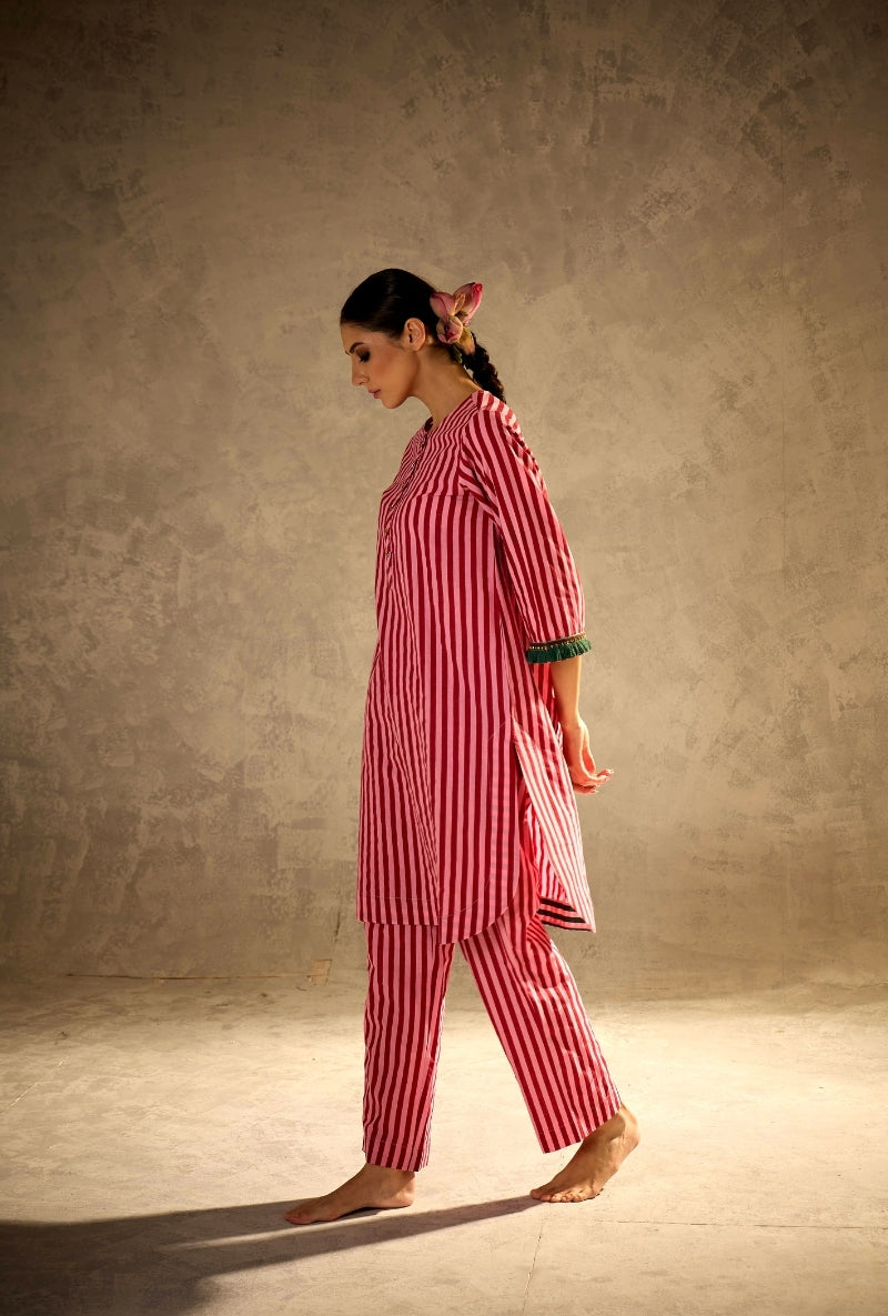 Red and Pink Stripe Gulabo Kurta Set