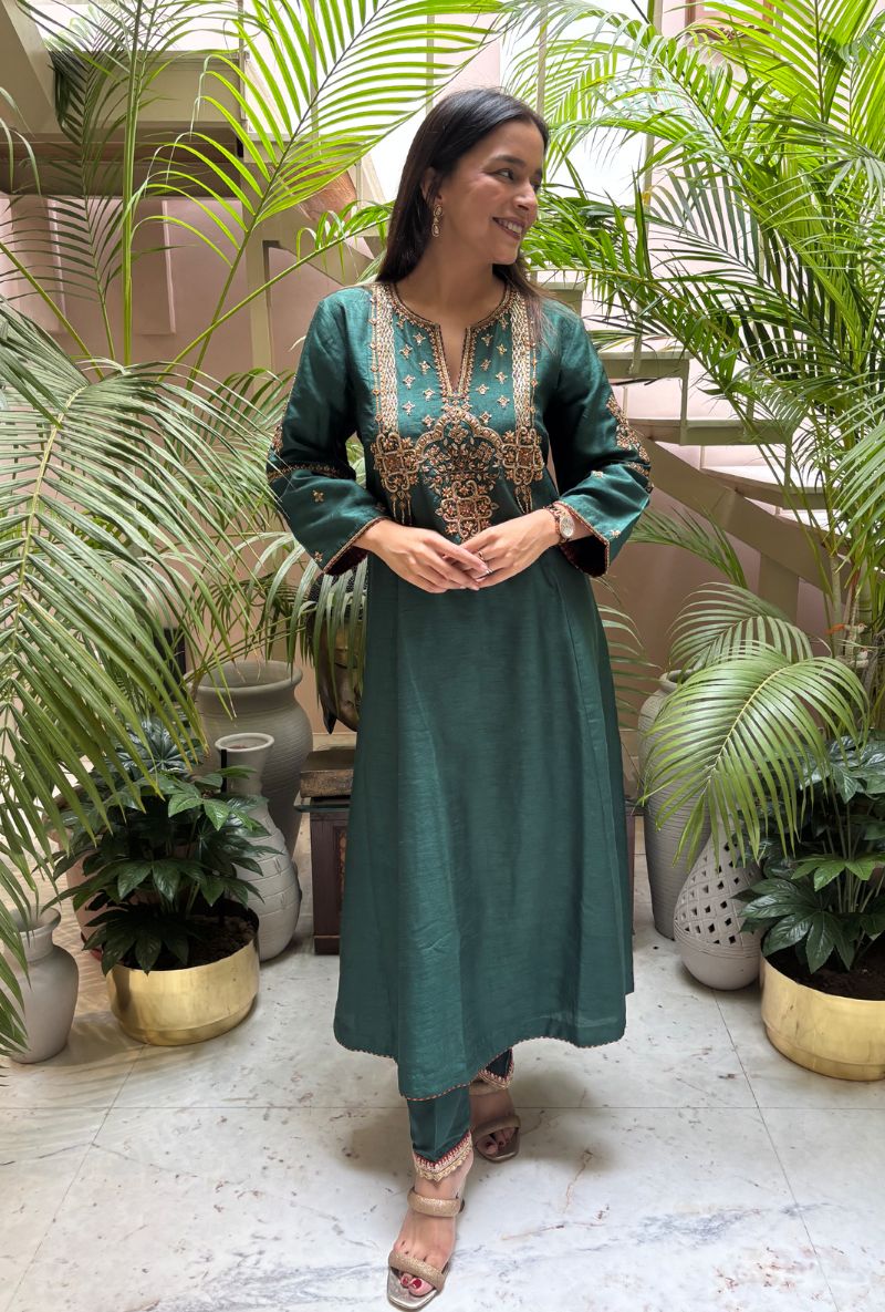 Emerald Green Hand Embroidered Jewel Yoke Surily Kurta Set