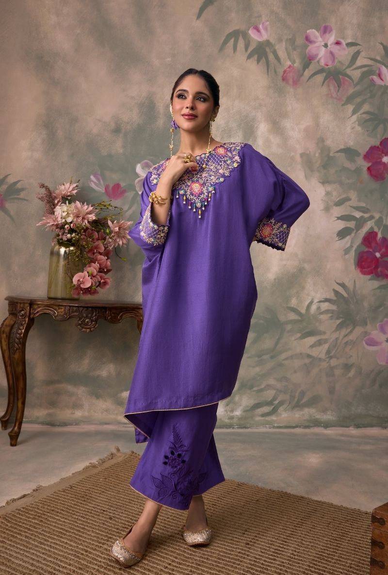 Purple Embroidered Neck Jalsa Kaftan  Set