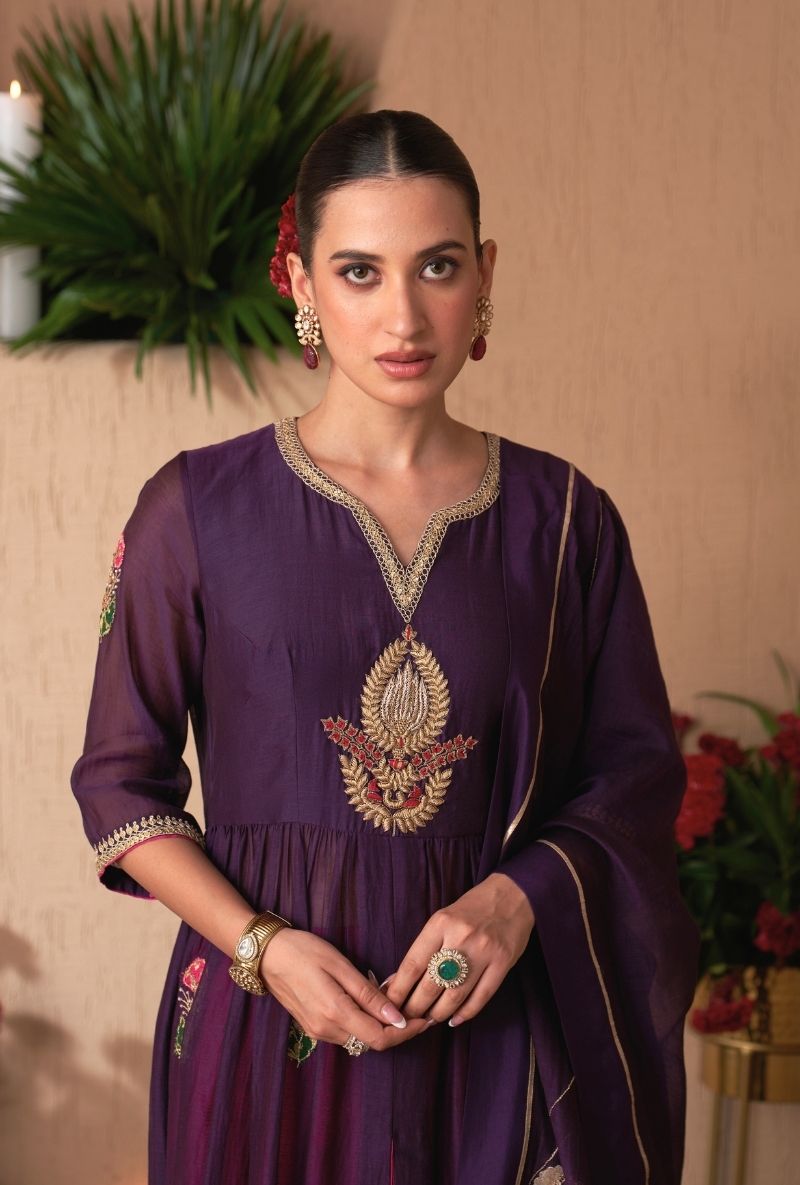 Purple Front Slit Naveli Anarkali Set