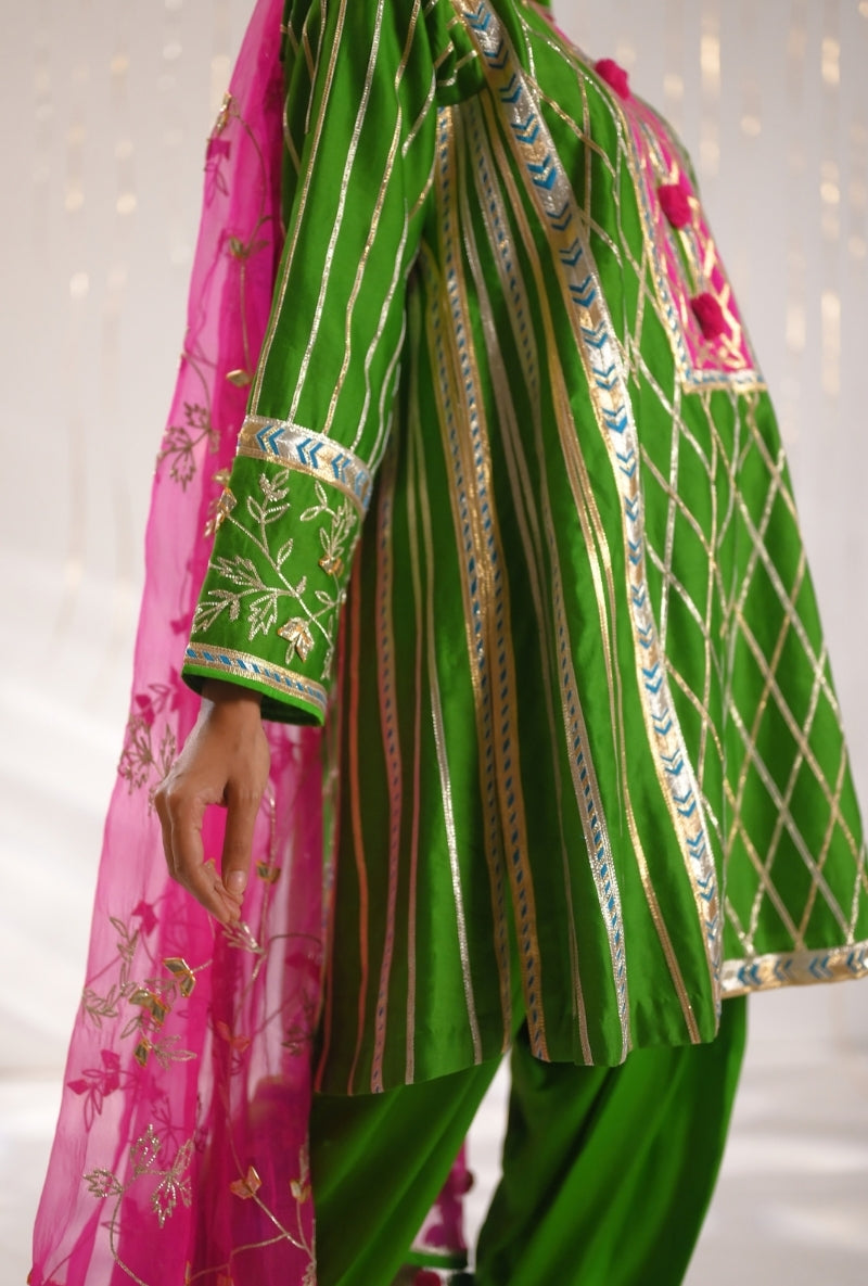 Grass Green Gota Lace Patti Short Mehreen Kurta Set