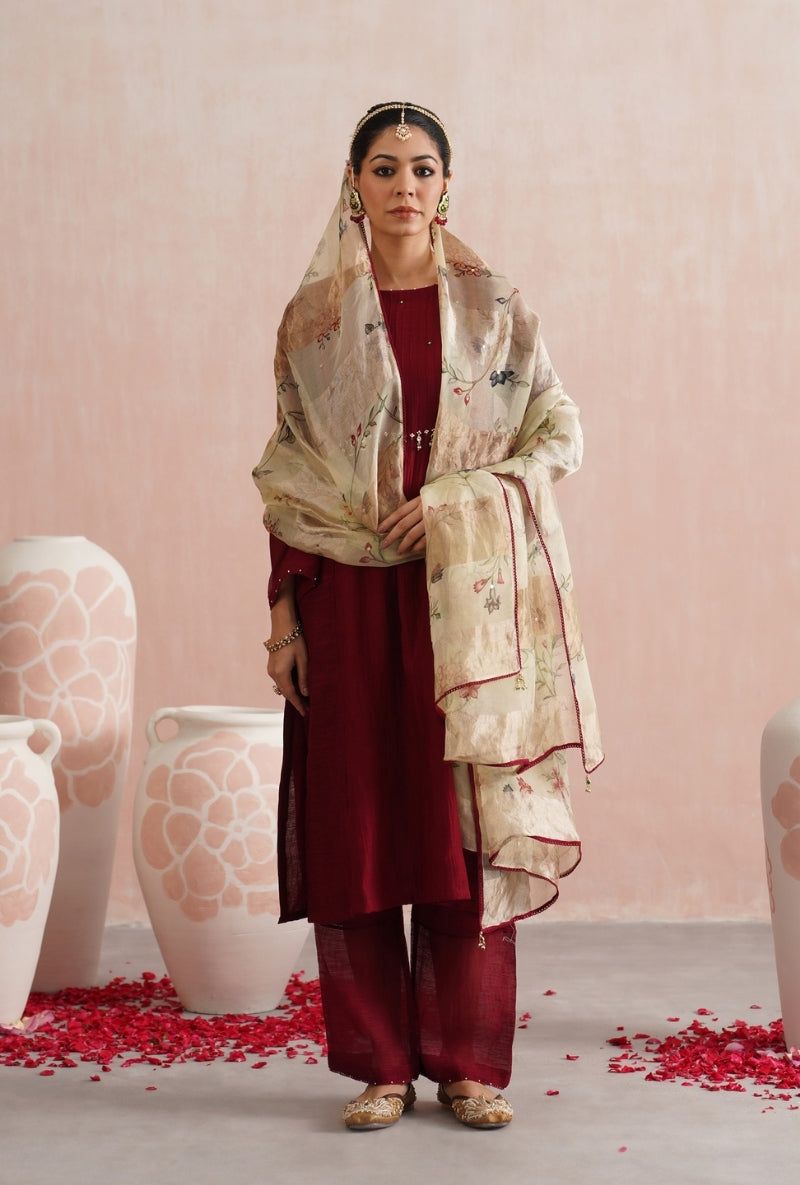 Maroon Pearl and Jewels Embroidered Prisha Kurta Set