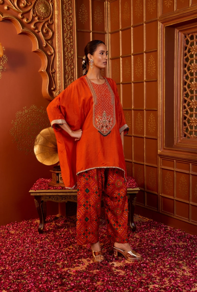 Orange Embroidered Yoke Asymmetric Oorja Kurta Set