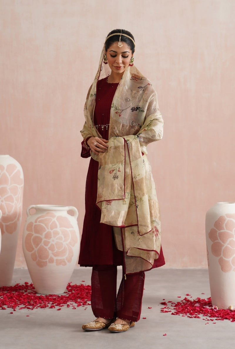 Maroon Pearl and Jewels Embroidered Prisha Kurta Set