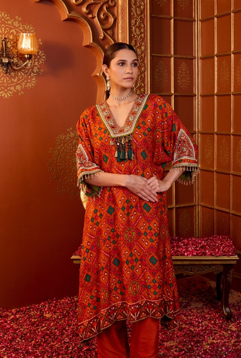 Orange Hand Embroidered Oorja Kaftan Set