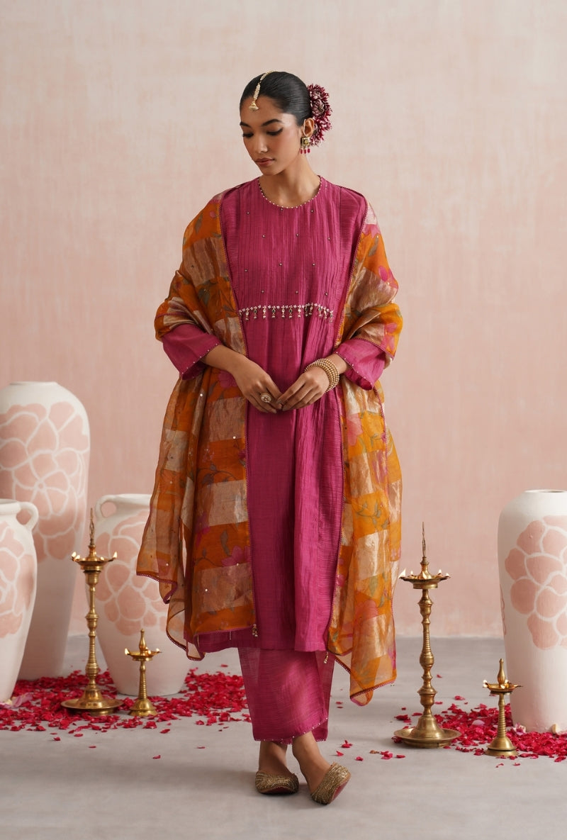 Fuschia Pink Pearl and Jewels Embroidered Prisha Kurta Set