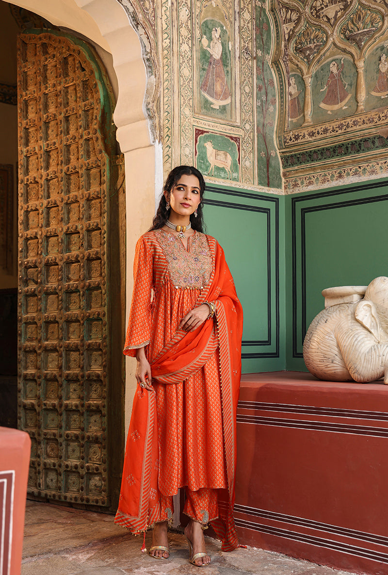 Orange Printed Frockstyle Raag Kurta Set