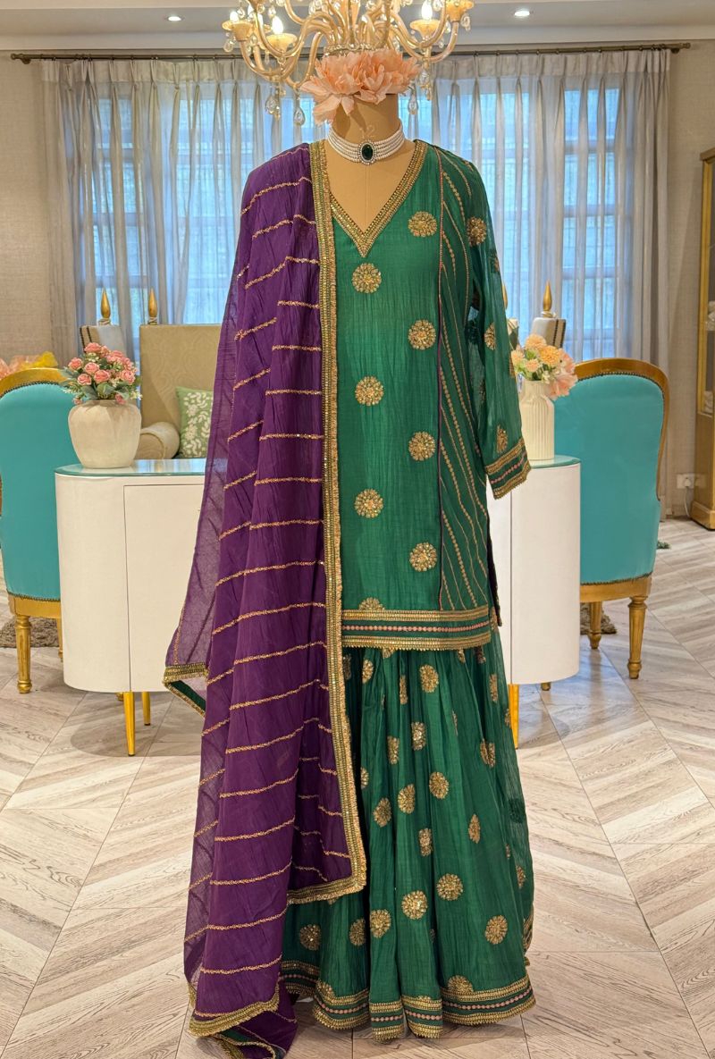 Emerald Green Zari &amp; Sequin Work Kashni Gharara Set