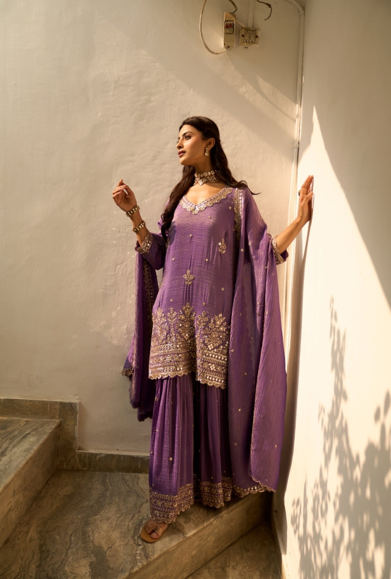 Purple Bead Work Nadira Sharara Set