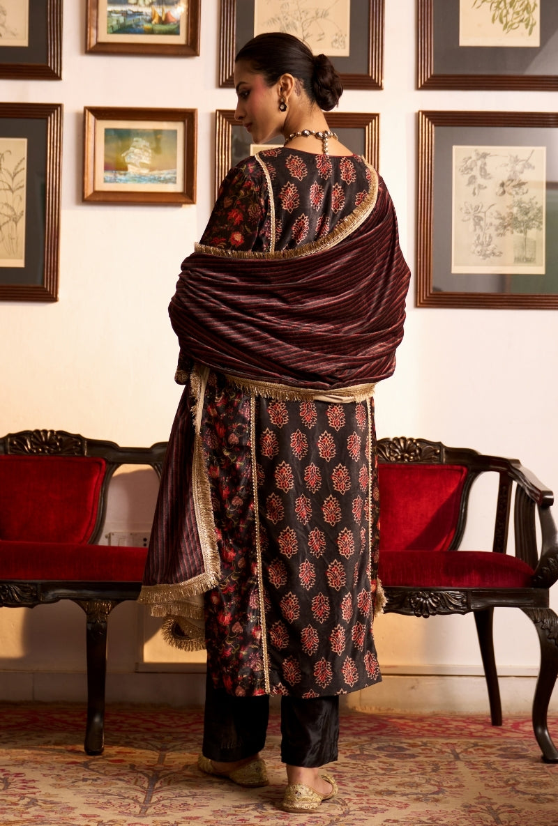 Charcoal Black Printed Panel Dilbar Kurta Set