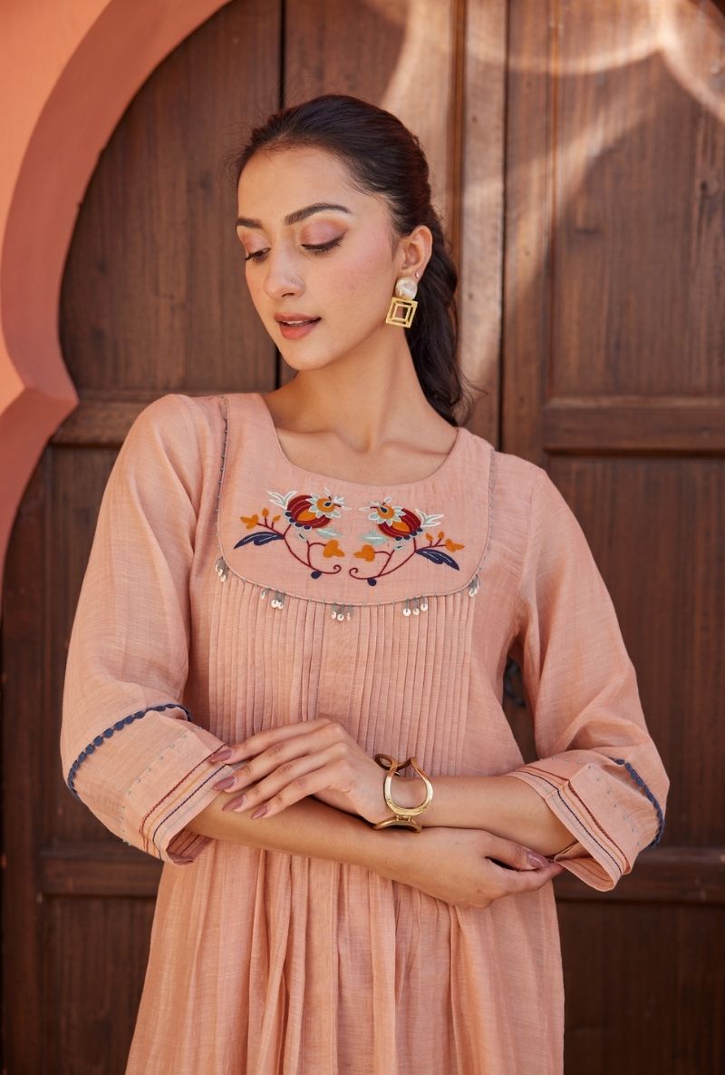 Rose Pink Anaar Butta Embroidered Yoke Maeri Kurta Set
