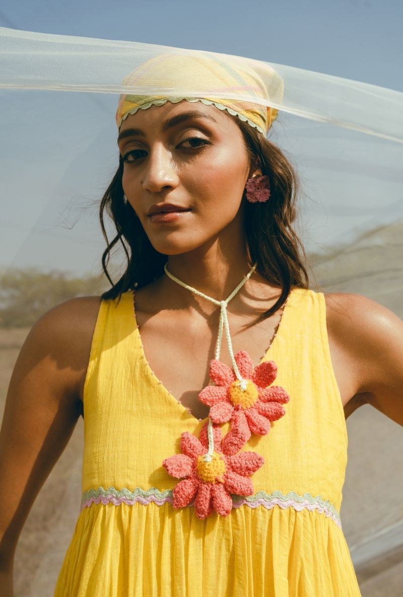 Yellow V-Neck Flared Barfi Dress