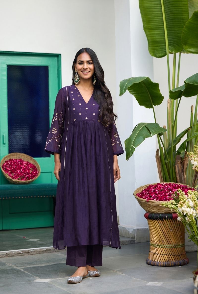 Purple Embroidered Front Gather Urvi Kurta Set
