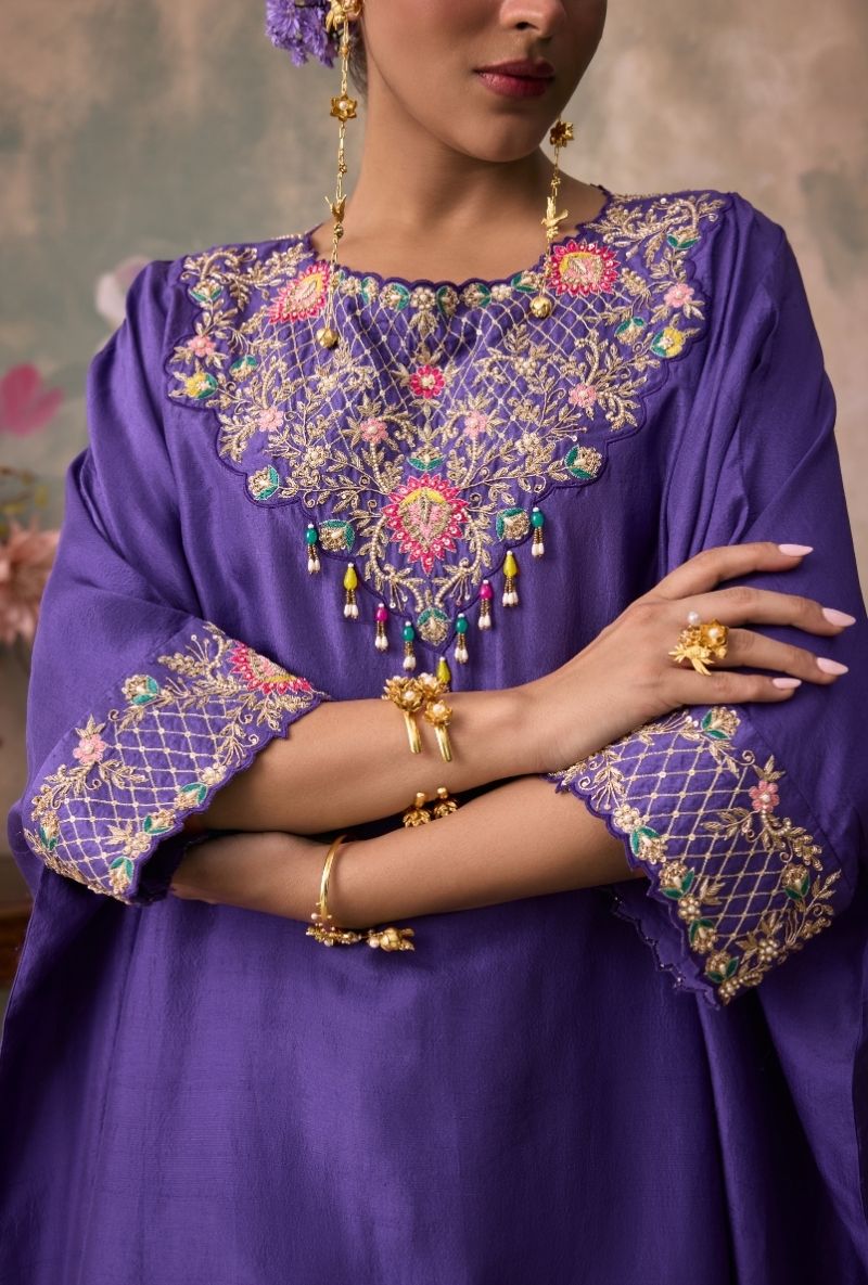 Purple Embroidered Neck Jalsa Kaftan  Set