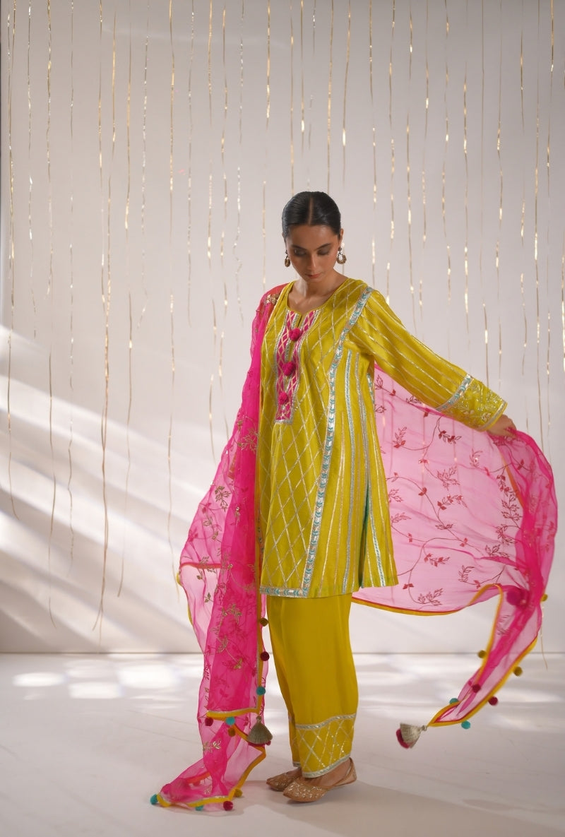 Haldi Yellow Gota Lace Patti Short Mehreen Kurta Set