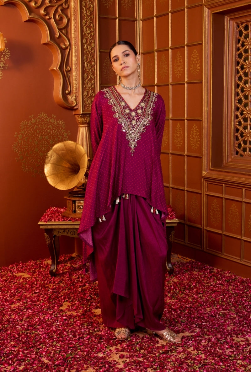 Wine Heavy Embroidered Yoke Bandhani Print Oorja Skirt Set