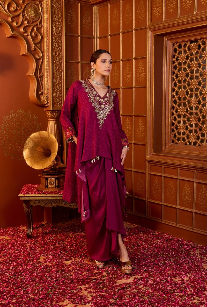 Wine Heavy Embroidered Yoke Bandhani Print Oorja Skirt Set