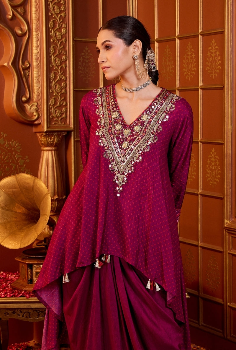 Wine Heavy Embroidered Yoke Bandhani Print Oorja Skirt Set