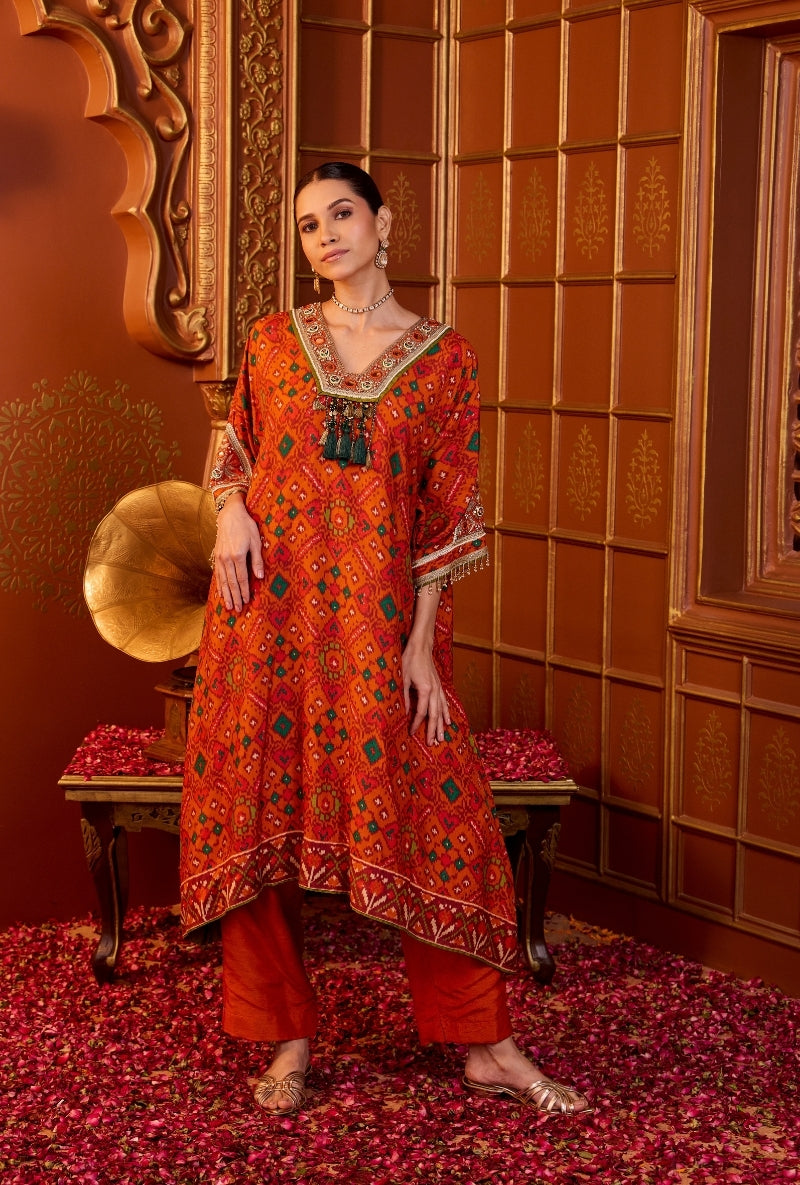 Orange Hand Embroidered Oorja Kaftan Set