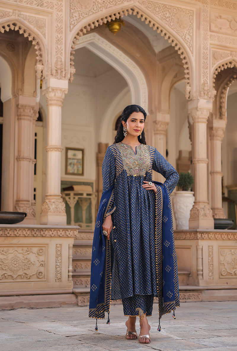 Indigo Printed Frockstyle Raag Kurta Set