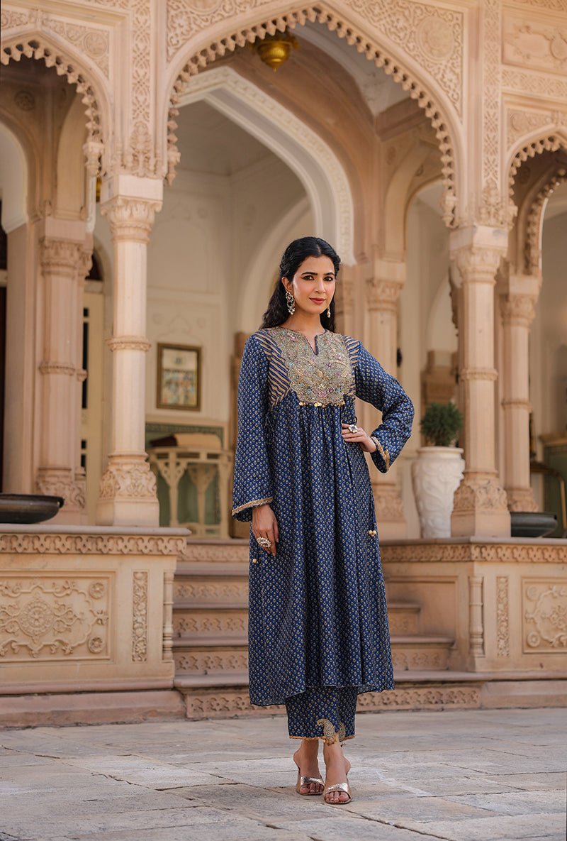 Indigo Printed Frockstyle Raag Kurta Set
